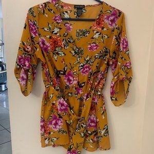 Soho Girls Peplum Top with Button Sleeve and Accent Belt